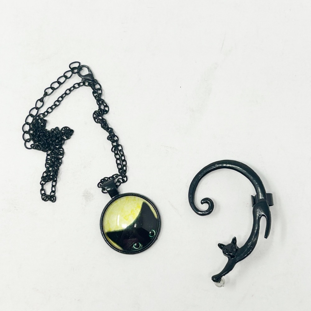 Black‎ Cat Necklace and Ear Cuff Set Halloween Goth Dark Costume Jewelry